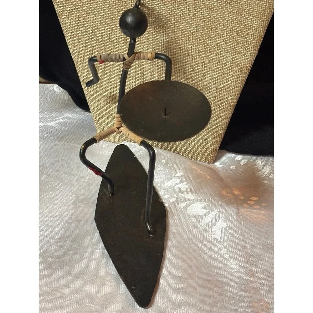 Vintage Brutalist Metal Surfer Candle Holder Stick Figure Figurine Coastal Decor